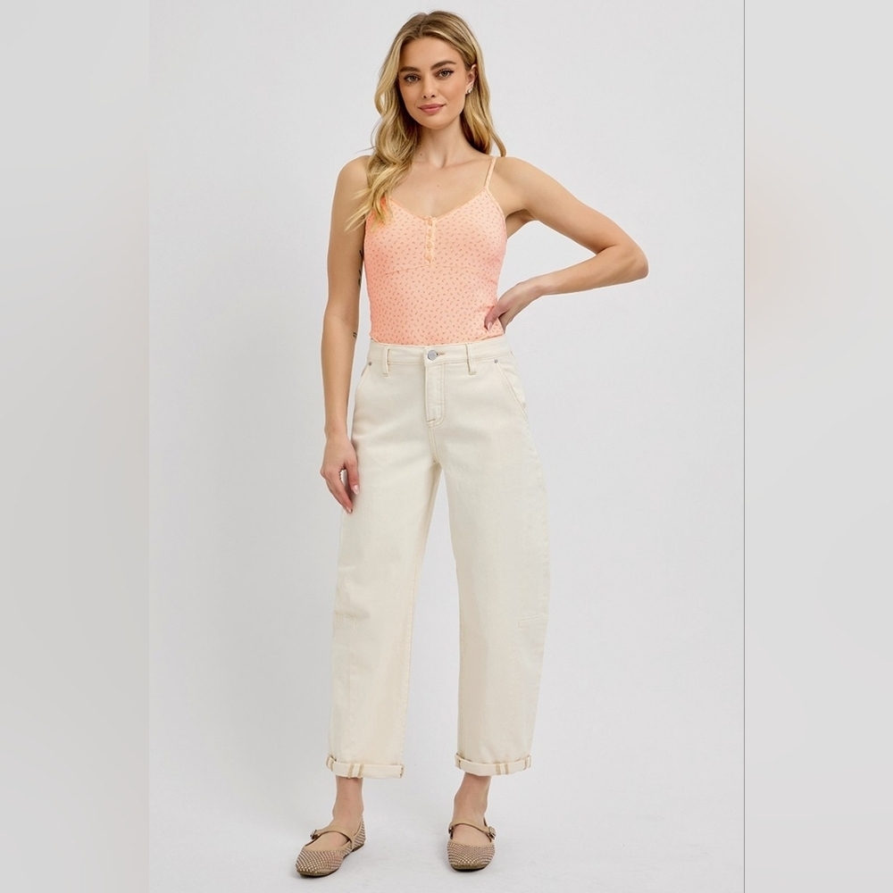 Risen High Rise Barrel Jeans Stretch Cuffed Relaxed Neutral Ivory Various NEW